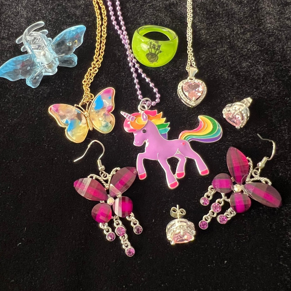 Kidcore Jewelry Lot Butterfly Heart Unicorn Rainbow Necklace Earring Set 8pc